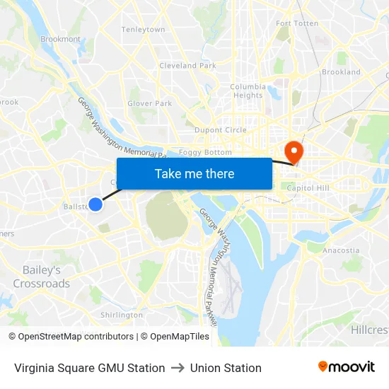 Virginia Square GMU Station to Union Station map
