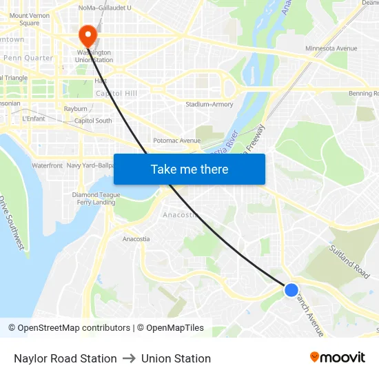 Naylor Road Station to Union Station map