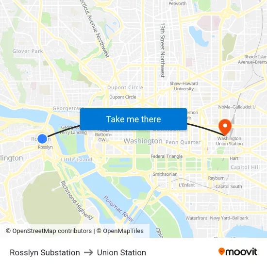 Rosslyn Substation to Union Station map