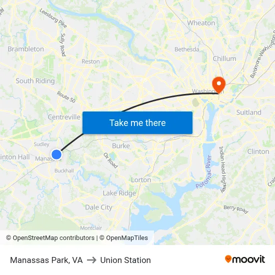 Manassas Park, VA to Union Station map