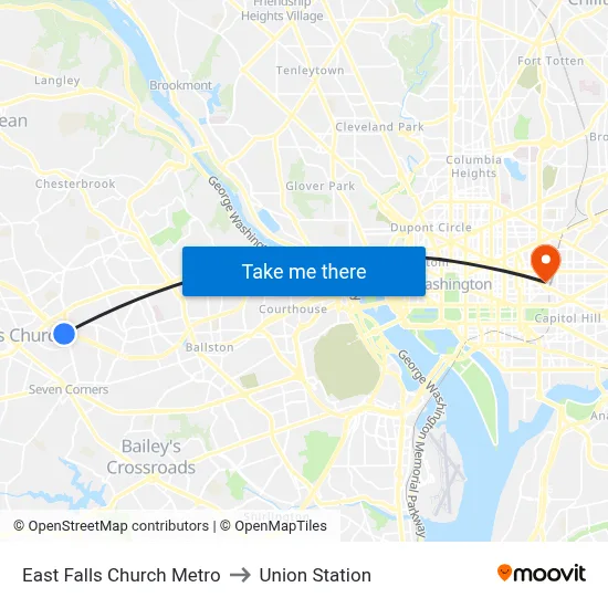 East Falls Church Metro to Union Station map