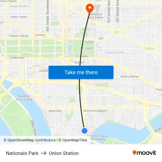 Nationals Park to Union Station map