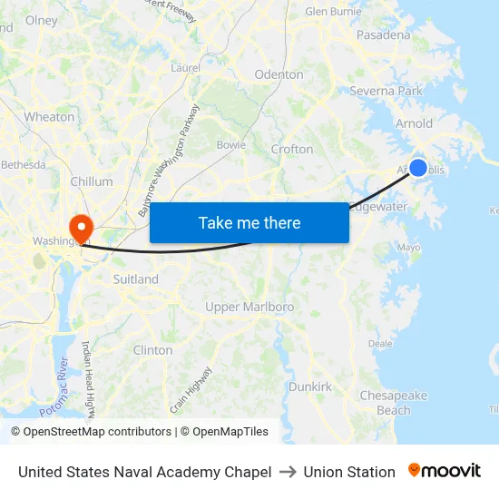 United States Naval Academy Chapel to Union Station map
