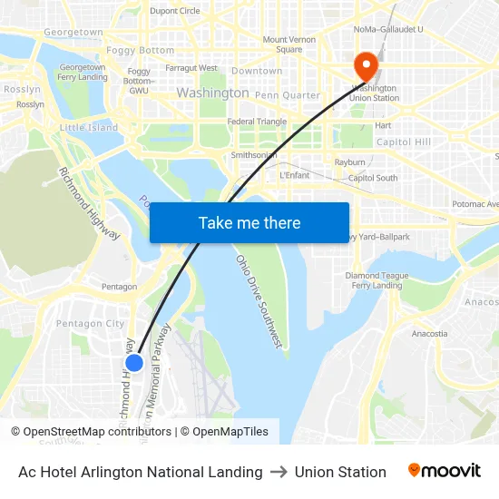 Ac Hotel Arlington National Landing to Union Station map