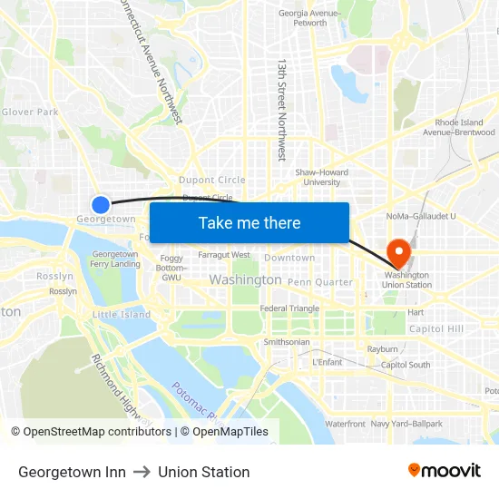 Georgetown Inn to Union Station map