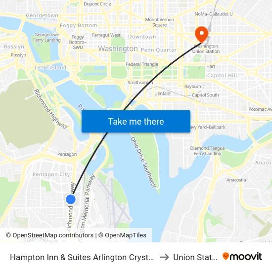 Hampton Inn & Suites Arlington Crystal City to Union Station map