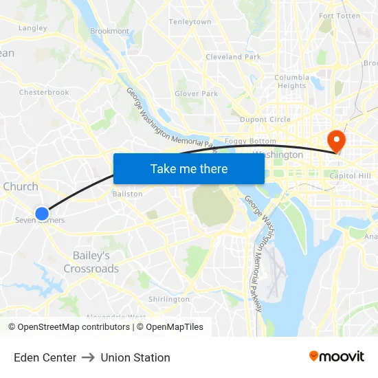 Eden Center to Union Station map
