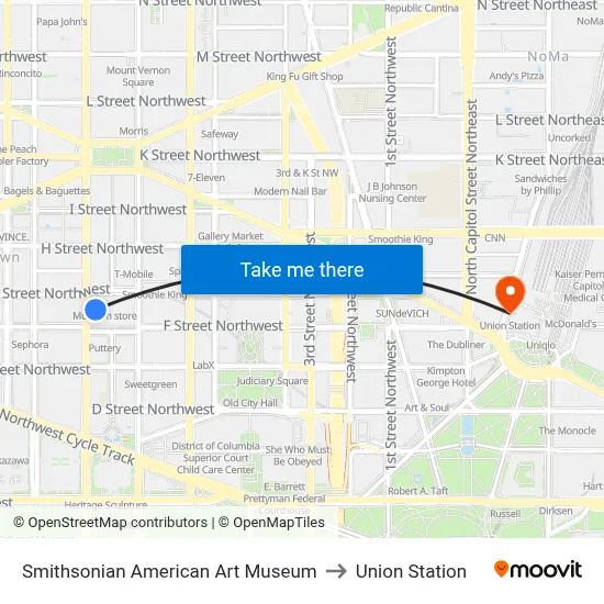 Smithsonian American Art Museum to Union Station map