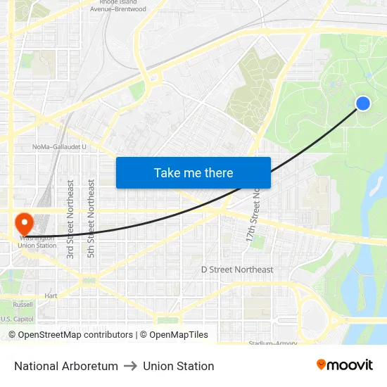 National Arboretum to Union Station map