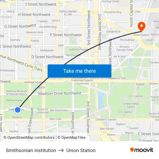 Smithsonian institution to Union Station map