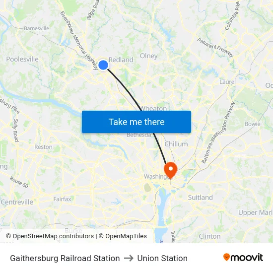 Gaithersburg Railroad Station to Union Station map