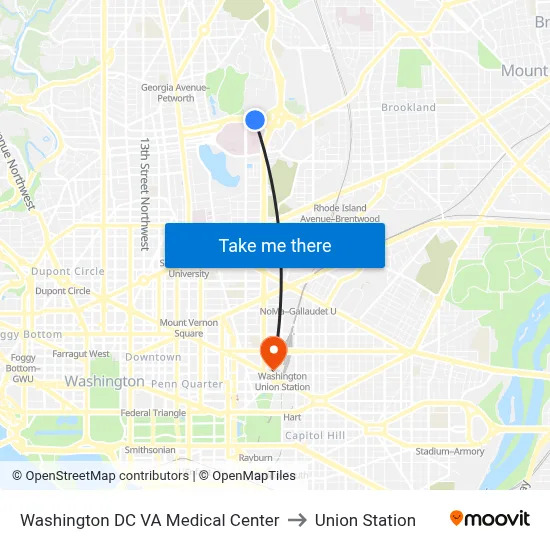 Washington DC VA Medical Center to Union Station map