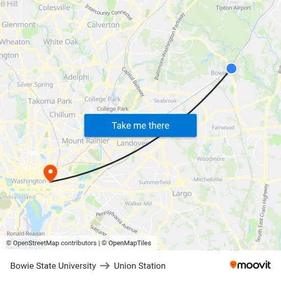 Bowie State University to Union Station map