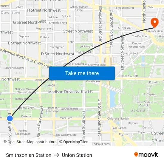 Smithsonian Station to Union Station map