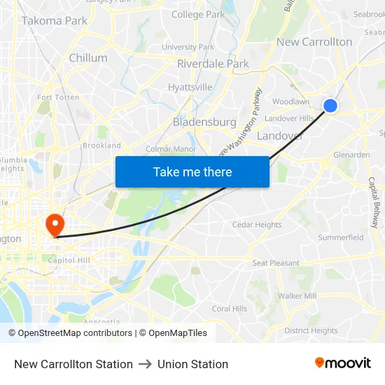 New Carrollton Station to Union Station map