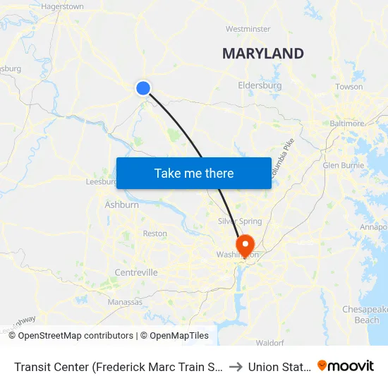 Transit Center (Frederick Marc Train Station) to Union Station map