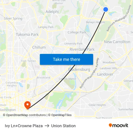 Ivy Ln+Crowne Plaza to Union Station map