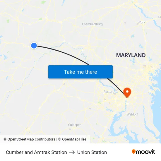 Cumberland Amtrak Station to Union Station map