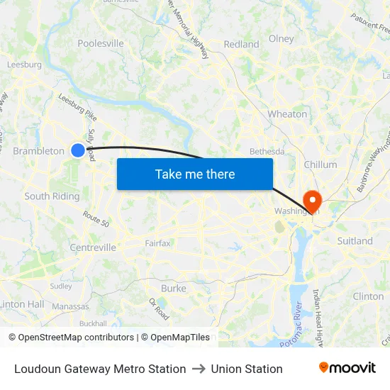 Loudoun Gateway Metro Station to Union Station map