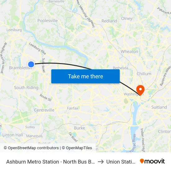 Ashburn Metro Station - North Bus Bay to Union Station map
