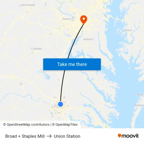 Broad + Staples Mill to Union Station map