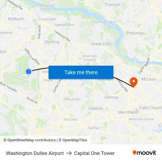 Washington Dulles Airport to Capital One Tower map