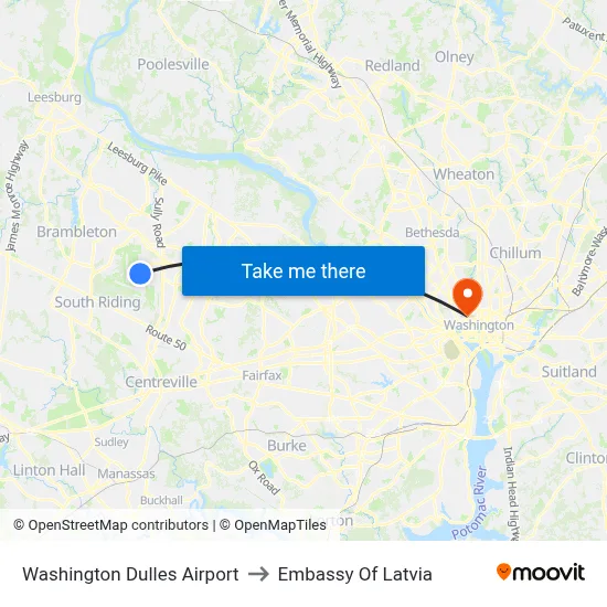 Washington Dulles Airport to Embassy Of Latvia map