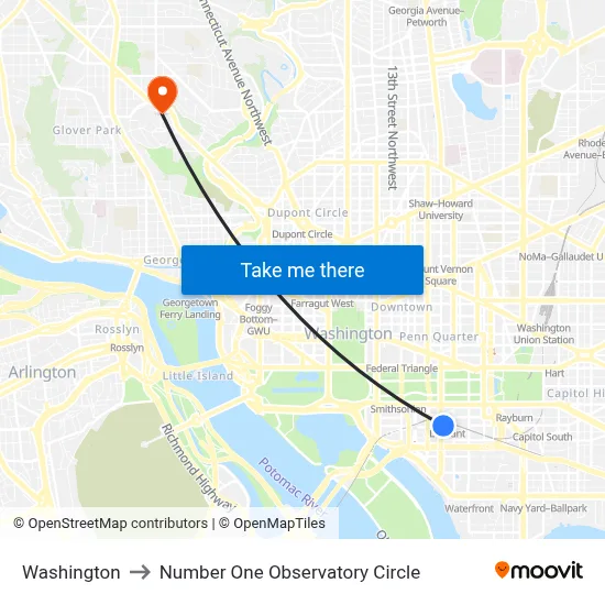 Washington to Number One Observatory Circle map