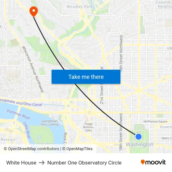 White House to Number One Observatory Circle map