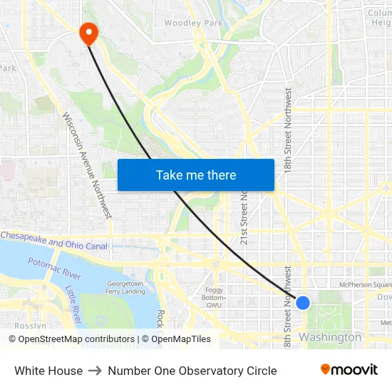 White House to Number One Observatory Circle map