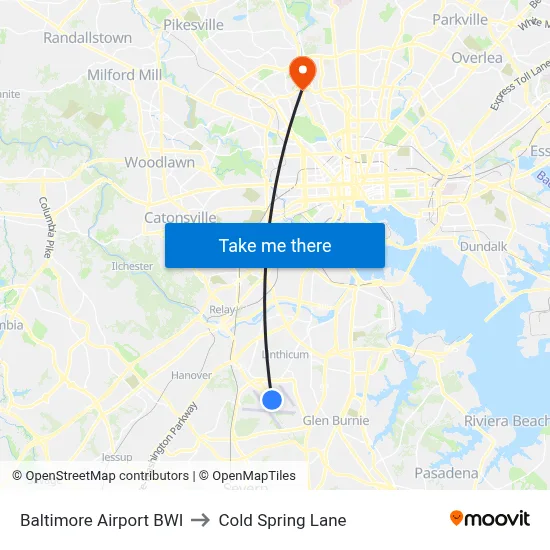 Baltimore Airport BWI to Cold Spring Lane map