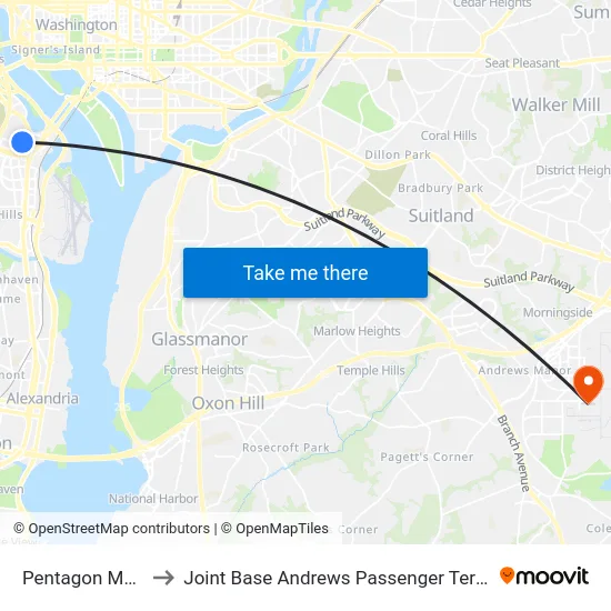 Pentagon Metro to Joint Base Andrews Passenger Terminal map