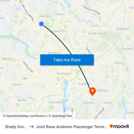 Shady Grove to Joint Base Andrews Passenger Terminal map