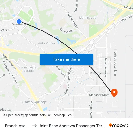 Branch Avenue to Joint Base Andrews Passenger Terminal map