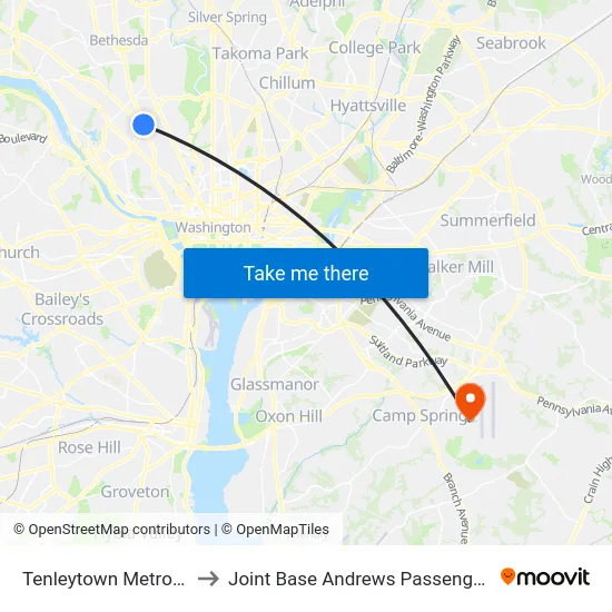 Tenleytown Metro Station to Joint Base Andrews Passenger Terminal map