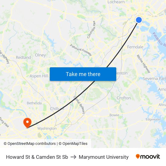 Howard St & Camden St Sb to Marymount University map
