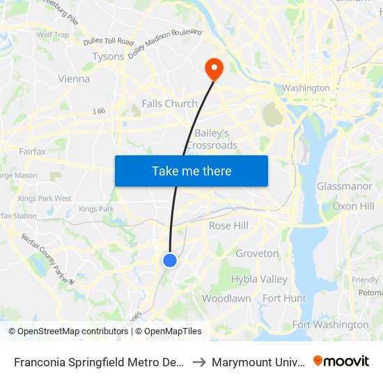Franconia Springfield Metro Departures to Marymount University map