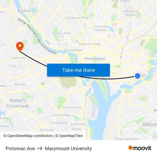 Potomac Ave to Marymount University map