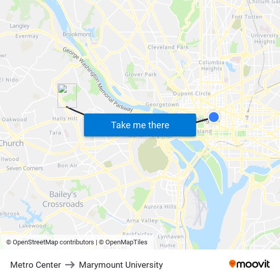 Metro Center to Marymount University map