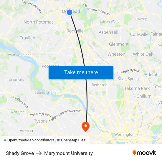Shady Grove to Marymount University map