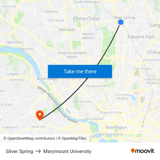 Silver Spring to Marymount University map