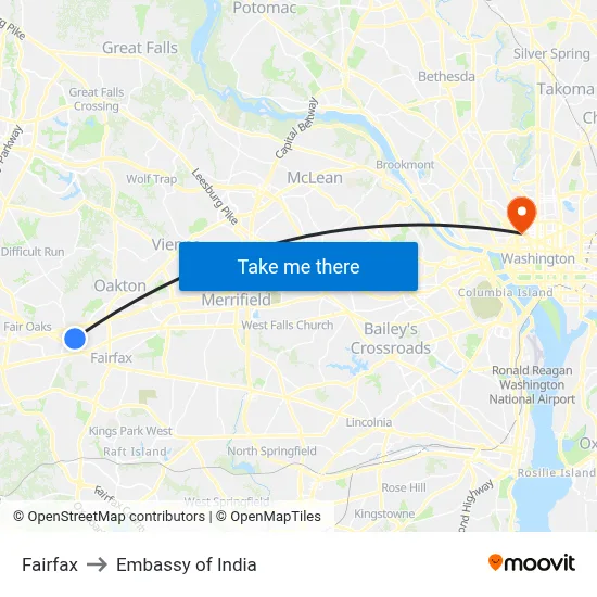 Fairfax to Embassy of India map
