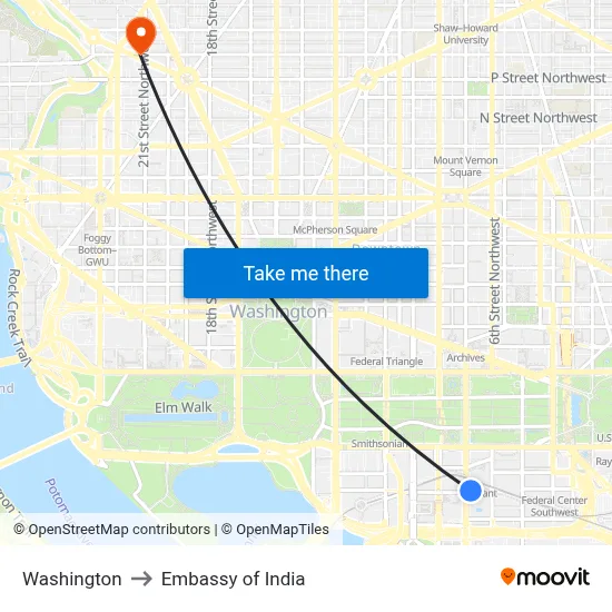 Washington to Embassy of India map