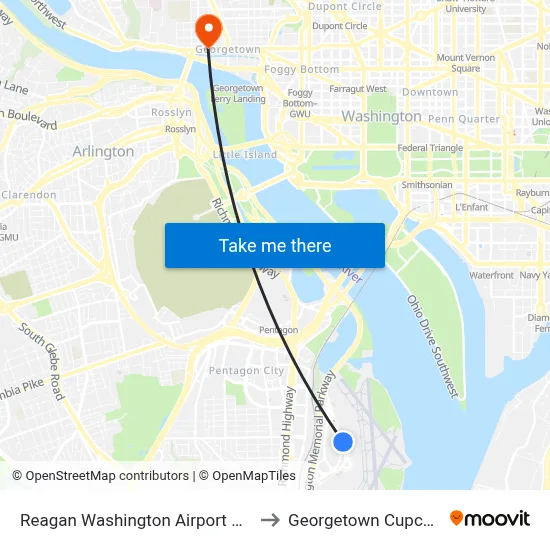 Reagan Washington Airport DCA to Georgetown Cupcake map