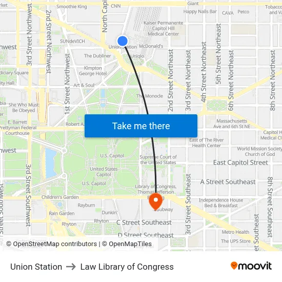Union Station to Law Library of Congress map