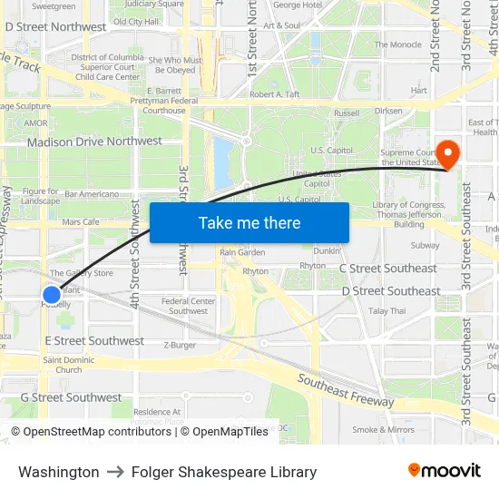 Washington to Folger Shakespeare Library map