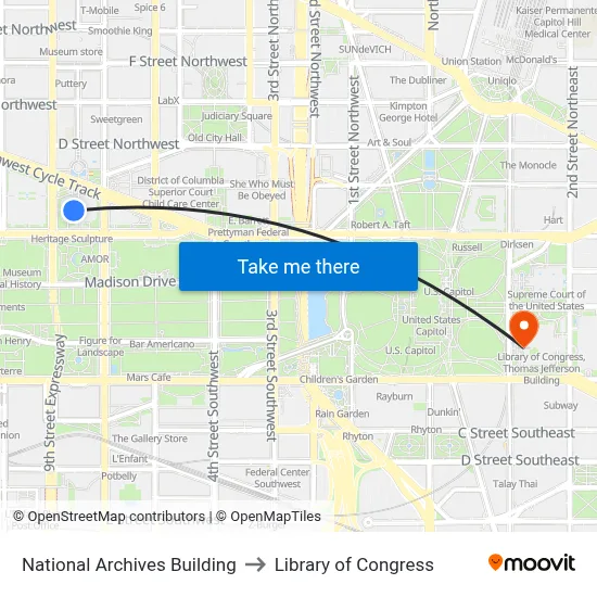 National Archives Building to Library of Congress map