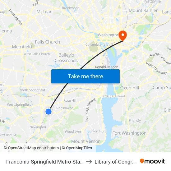 Franconia-Springfield Metro Station to Library of Congress map