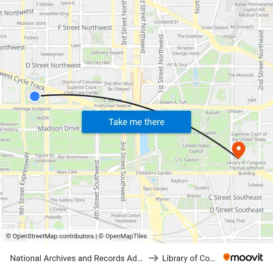 National Archives and Records Administration to Library of Congress map