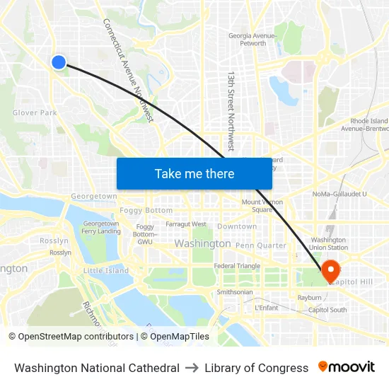 Washington National Cathedral to Library of Congress map